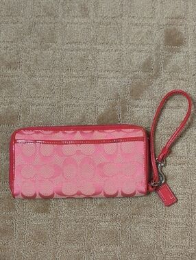 Coach Pink Canvas Signature Wristlet Wallet with Patent Trim